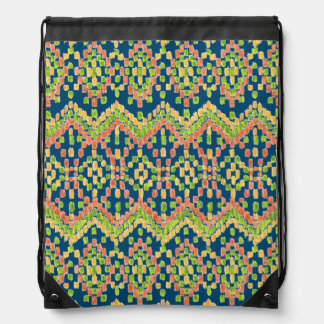 Trendy Ikat Colorful Ethnic Pattern on Blue Drawstring Bag