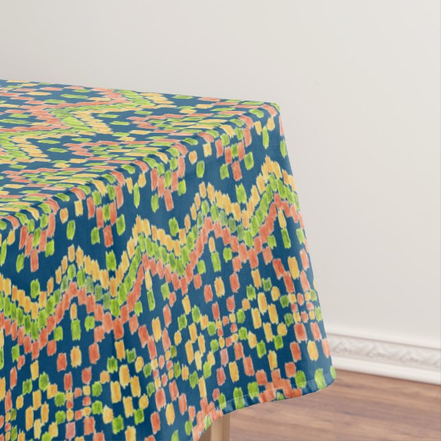 Trendy Ikat Colorful Ethnic Pattern on Blue Tablecloth (In Situ)