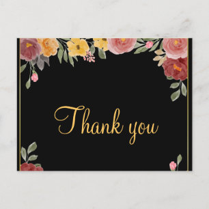 Trendy Inexpensive Gold Floral Black Thank You Postcard