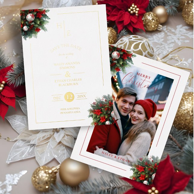 Trendy Initials Floral Christmas Bouquets Photo Foil Invitation (Trendy Initials Floral Christmas Bouquets Metallic Foil Holidays Card as a Wedding Photo Save Date.)