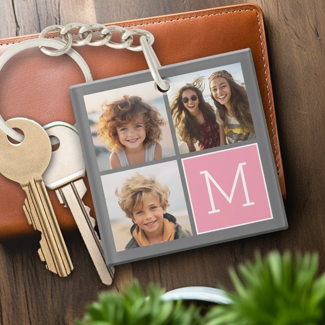 Trendy Instagram Photo Collage Custom Monogram Keychain (Personalized keychain with a photo collage and monogram)