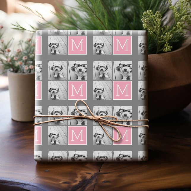 Trendy Instagram Photo Collage Custom Monogram Wrapping Paper (Personalized Photo Wrapping Paper)