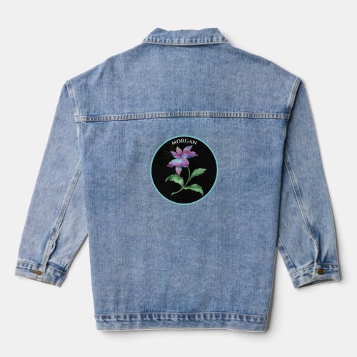 Trendy Iridescent Flower Teal  Black Circle Name Denim Jacket