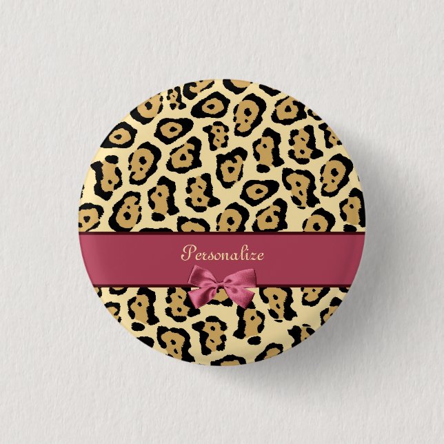 Trendy Jaguar Print With Pink Ribbon Bow and Name Button (Front)