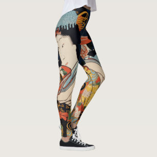 Trendy Japanese Vintage Art Geisha Asian Colorful Leggings