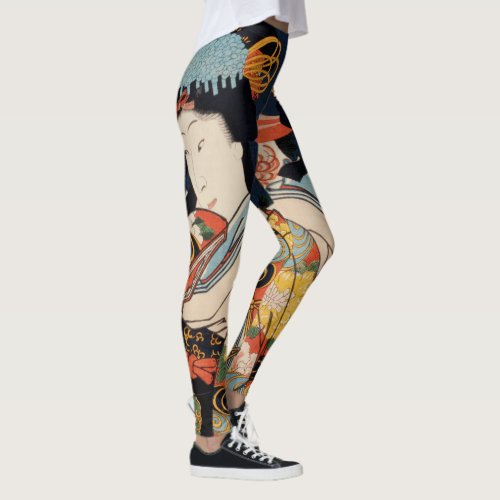 Trendy Japanese Vintage Art Geisha Asian Colorful  Leggings