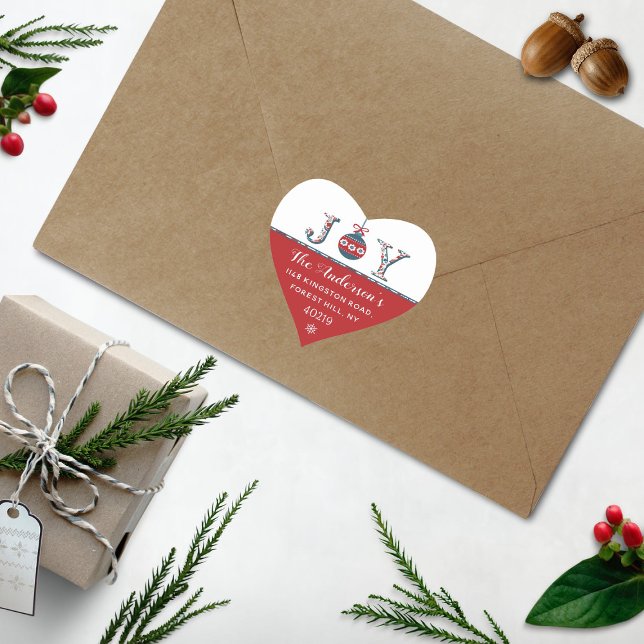 Trendy "Joy" Boho Bauble Christmas Return Address Heart Sticker (Creator Uploaded)