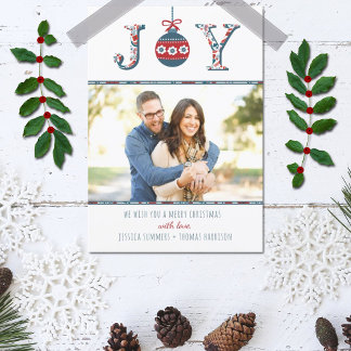 Trendy "Joy" Boho Bauble Photo Christmas Card