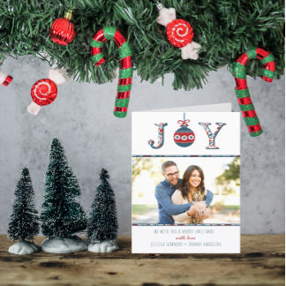 Trendy "Joy" Boho Bauble Photo Christmas Holiday Card