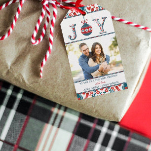 Trendy "Joy" Boho Bauble Photo Christmas Holiday Gift Tags