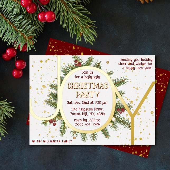 Trendy Joy Pine Boughs Wreath Christmas Party Foil Invitation (Creator Uploaded)