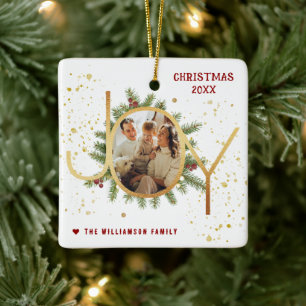 Trendy Joy Pine Boughs Wreath Christmas Photo Ceramic Ornament