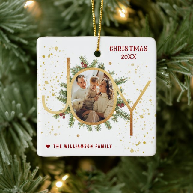 Trendy Joy Pine Boughs Wreath Christmas Photo Ceramic Ornament (Tree)
