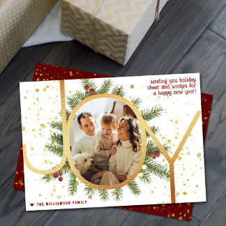 Trendy Joy Pine Boughs Wreath Christmas Photo Holiday Card