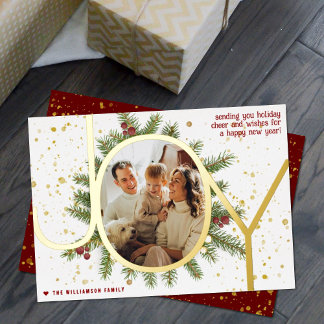 Trendy Joy Pine Boughs Wreath Christmas Photo Real Foil Holiday Card