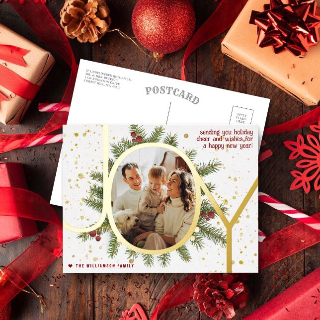 Trendy Joy Pine Boughs Wreath Christmas Photo Real Foil Holiday Postcard (Creator Uploaded)