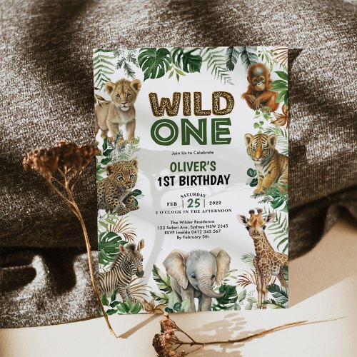 Trendy Jungle Animals Wild One Boy 1st Birthday Invitation