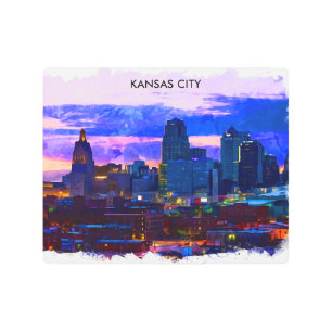 Trendy Kansas City Skyline Travel Watercolor Metal Print