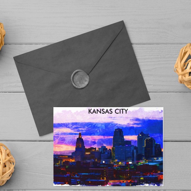 Trendy Kansas City Skyline Travel Watercolor  Postcard (kansas city skyline postcard)