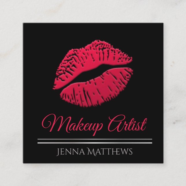 Trendy Kiss Lips Pink & Black Makeup Artist Square Business Card (Front)