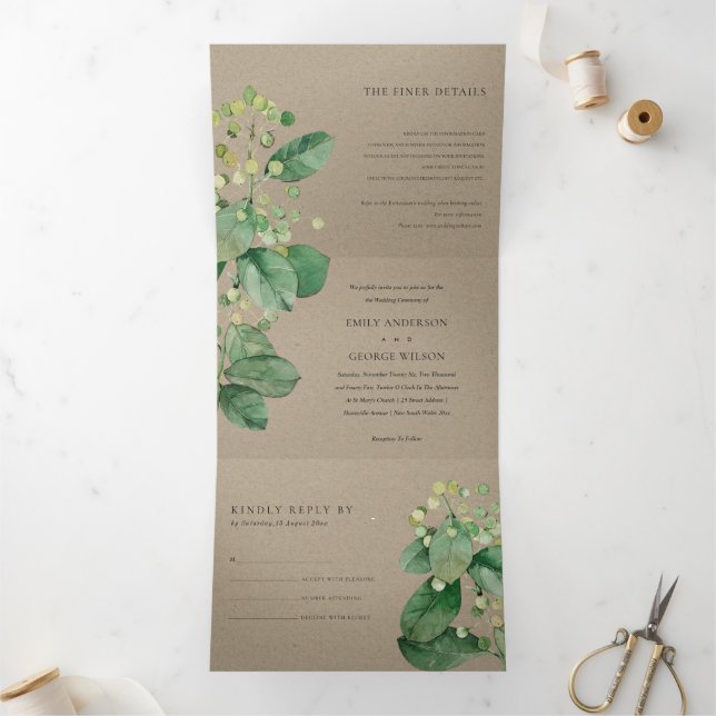 TRENDY KRAFT BERRY LEAFY FOLIAGE GREENERY WEDDING Tri-Fold INVITATION (Inside)