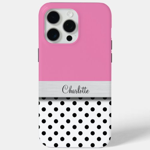 Trendy Ladies Pink Monogram Polka Dot  iPhone 15 Pro Max Case