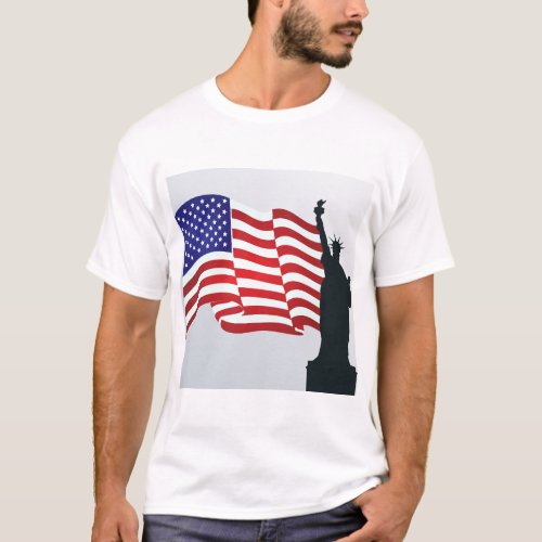 Trendy Lady Liberty And American Flag T_Shirt