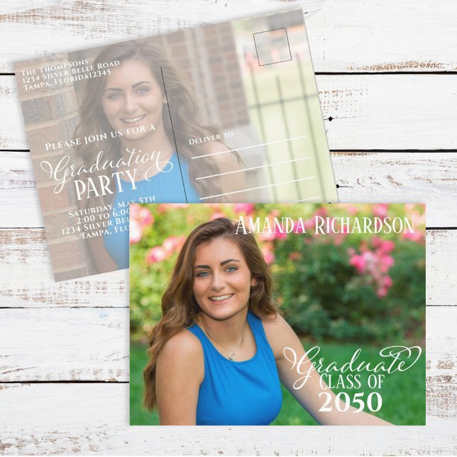 Trendy Landscape Graduation Photo Announcement Postcard (Trendy landscape graduation announcement with modern layout and wide senior photo display.)
