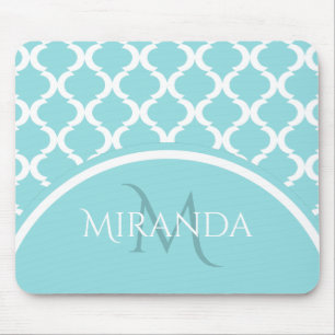 Trendy Large Aqua Quatrefoil Monongram and Name Mouse Pad