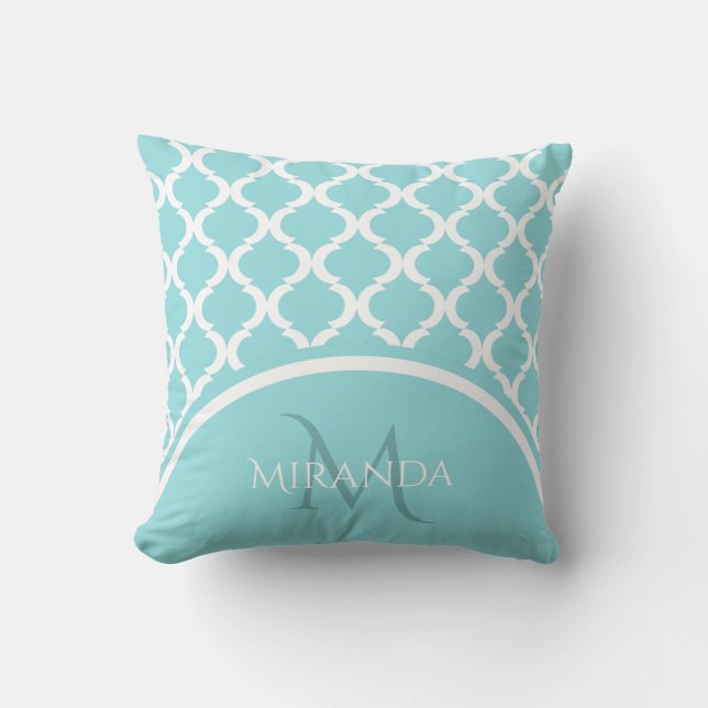 Trendy Large Aqua Quatrefoil Monongram and Name Throw Pillow (Front)
