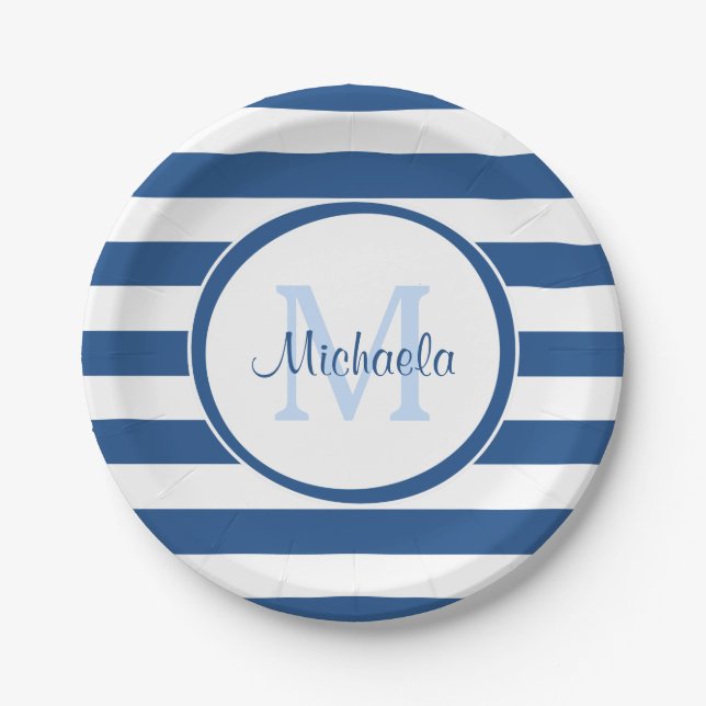 Trendy Large Classic Blue Stripes Monogrammed Name Paper Plates (Front)
