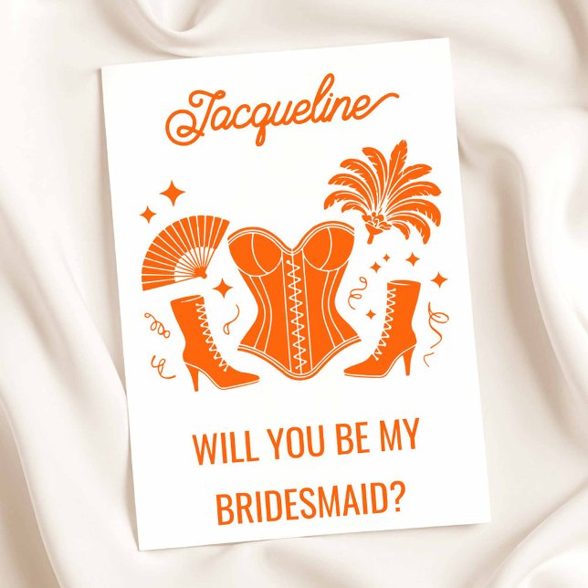 Trendy Las Vegas Showgirl Bridesmaid Proposal Card (Orange Showgirl WYB Card)
