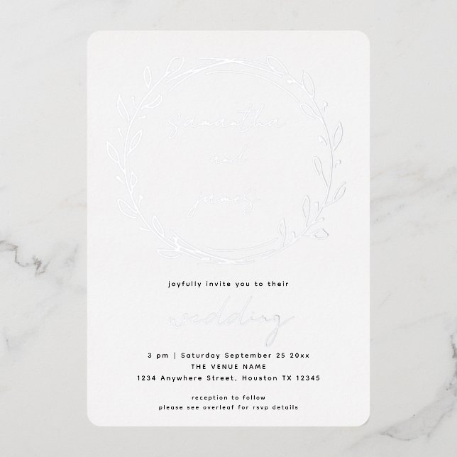 Trendy Laurel Leaf Qr Code Script Wedding Real Foil Invitation (Front)