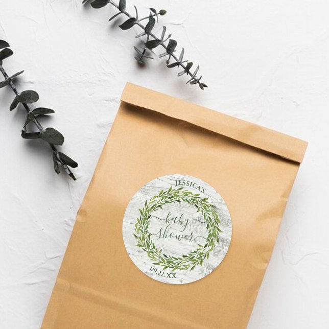 Trendy Laurel Wreath Greenery Baby Shower Classic Round Sticker (Creator Uploaded)