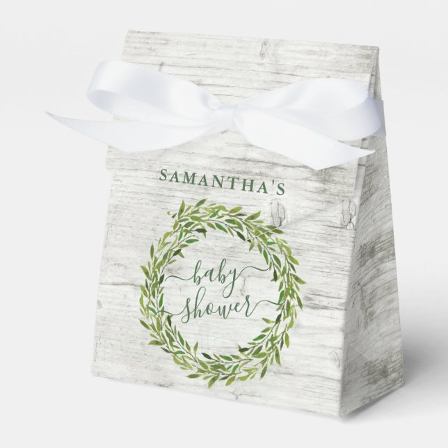 Trendy Laurel Wreath Greenery Baby Shower Favor Boxes (Front Side)
