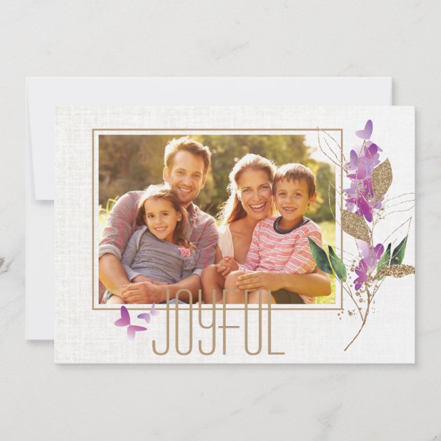 Trendy Lavender and Glitter Christmas Family Photo Card (Front)