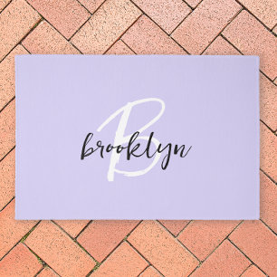 Trendy Lavender Black and White Script Monogram Outdoor Rug