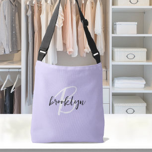 Trendy Lavender Black White Script Monogram Crossbody Bag
