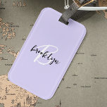 Trendy Lavender Black White Script Monogram  Luggage Tag<br><div class="desc">This elegant personalized luggage tag feature a monogram and first name in modern black and white script on a trendy lavender background.</div>