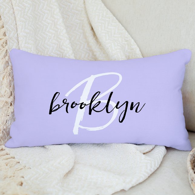 Trendy Lavender Black White Script Monogram  Lumbar Pillow (Creator Uploaded)