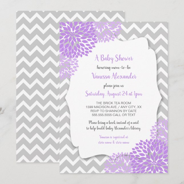 Trendy Lavender Gray Floral Baby Shower Invite (Front/Back)
