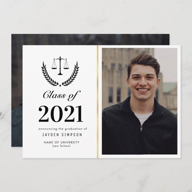Trendy law school graduation photo announcement (Front/Back)