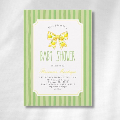 Trendy Lemon Bow Citrus Green Striped Baby Shower Invitation