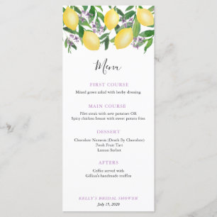 Trendy Lemons Lavender Wedding Shower Luncheon Menu