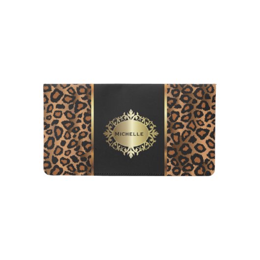Trendy Leopard Animal Print with Gold Accents Checkbook Cover (Front)