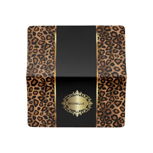 Trendy Leopard Animal Print with Gold Accents Checkbook Cover (Open)