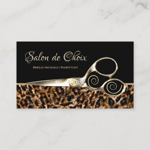 Trendy Leopard Fur Elegant Gold Scissors Salon Business Card