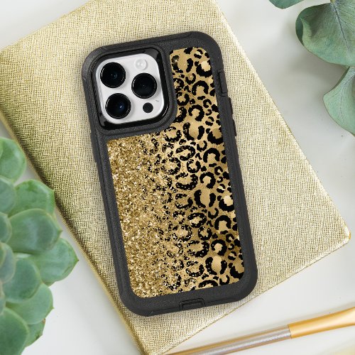 Trendy Leopard Gold Foil Glitter OtterBox iPhone 14 Pro Max Case