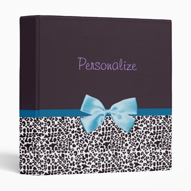 Trendy Leopard Print and Blue Ribbon With Name 3 Ring Binder (Front/Spine)