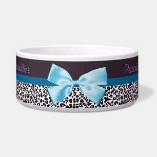 Trendy Leopard Print and Blue Ribbon With Name Bowl